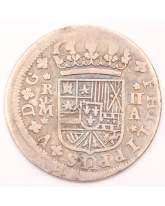 1724 Spain 2 Reales silver coin 4.73 grams poor/G details damaged