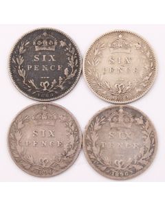 4X Great Britain 6 pence silver coins 1888 1889 1894 1896 4-circulated coins