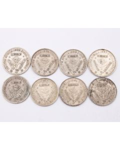8x South Africa 3 pence silver coins 1933 34 35 37 38 43 48 50 8-coins