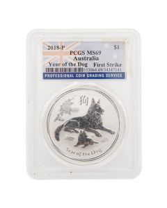 2018-P 1 oz Silver Australian Lunar Year of the Dog $1 Coin – PCGS MS69 First Strike