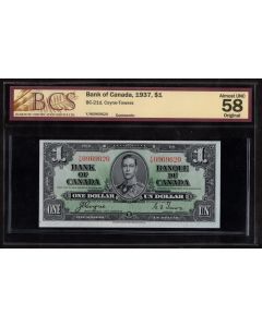 1937 Canada $1 banknote Coyne Towers Y/M 0969620 BCS AU58