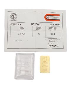 1990 UBS 20g Gold Bar – 999.9 Fine Gold – Union Bank of Switzerland with COA and Assay Sleeve