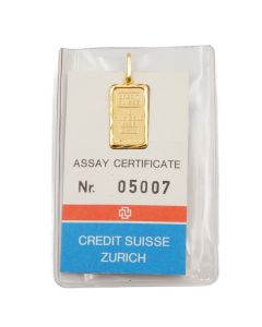 Vintage Credit Suisse 1g Gold Bar Zurich in 14K Bezel Pendant Assay Card 1981