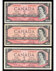 3 x Canada 1954 $2 banknotes Lawson Bouey O/G R/G U/G Choice UNC