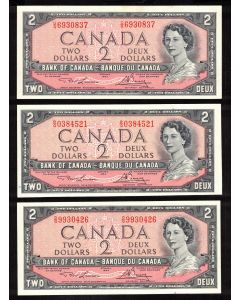 3 x Canada 1954 $2 banknotes Lawson Bouey O/G R/G U/G Choice UNC