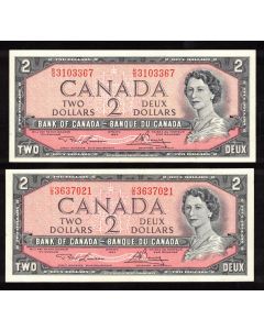 2 x Canada 1954 $2 banknotes Lawson Bouey R/G U/G Choice UNC