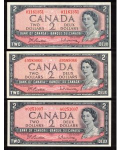 3 x Canada 1954 $2 banknotes Beattie Rasminsky L/R Y/R U/R Choice UNC