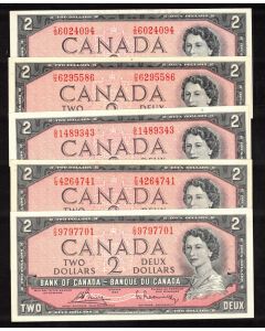 5 x Canada 1954 $2 notes Bouey Rasminsky C/G F/G G/G H/G I/G CH UNC