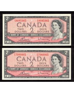 2 x Canada 1954 $2 notes Beattie Rasminsky F/G8085965 F/G 7989965 CH UNC