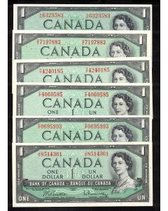 6 x Canada $1 notes BR F/F J/O K/N P/P T/Y  LB A/I   6 notes Choice Uncirculated