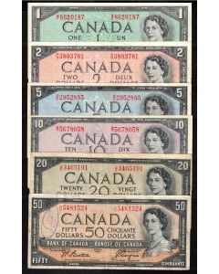 1954 Canada $1 $2 $5 $10 $20 $50/ink banknote set 6-notes VG to VF