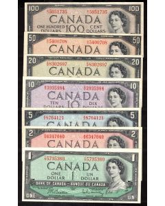 1954 Canada $1 $2 $5 $10 $20 $50 $100 banknote set 7-notes VF to AU