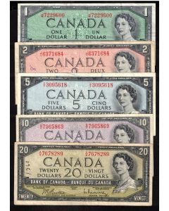 1954 Canada $1 $2 $5 $10 $20  banknote set 5-notes VG to VF