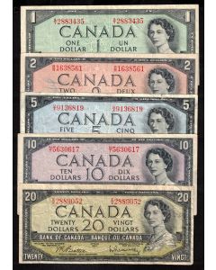 1954 Canada $1 $2 $5 $10 $20  banknote set 5-notes VG to VF