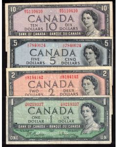 1954 Canada $1 $2 $5 $10  banknote set 4-notes F to VF