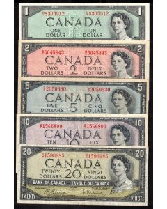 1954 Canada $1 $2 $5 $10 $20  banknote set 5-notes VF
