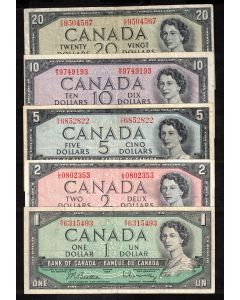 1954 Canada $1 $2 $5 $10 $20  banknote set 5-notes VF