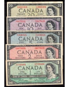 1954 Canada $1 $2 $5 $10 $20  banknote set 5-notes VF