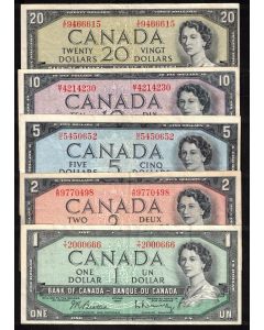 1954 Canada $1 $2 $5 $10 $20  banknote set 5-notes VF