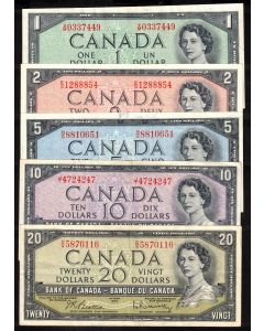 1954 Canada $1 $2 $5 $10 $20  banknote set 5-notes VF+ to EF+