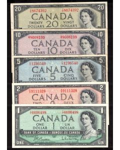 1954 Canada $1 $2 $5 $10 $20  banknote set 5-notes VF+ to EF+