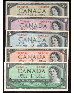1954 Canada $1 $2 $5 $10 $20  banknote set 5-notes VF+ to EF+