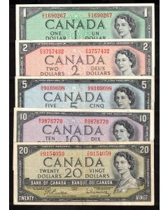 1954 Canada $1 $2 $5 $10 $20  banknote set 5-notes VF+ to EF+