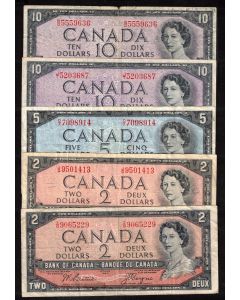 5 x Canada 1954 notes 2x $2 1x $5 2x $10 circulated and/or damaged