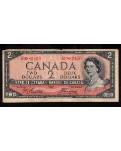 1954 Canada $2 devils face banknote Beattie Coyne E/B0882456 VG/F