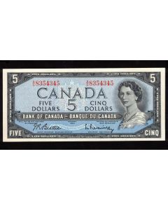 1954 Canada $5 banknote Beattie Rasminsky A/S 8354345 Choice UNC