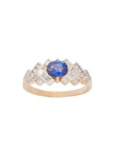 14K Yellow and White Gold 0.65ct Blue Sapphire Ring with 0.42ct diamonds Ring Size 8