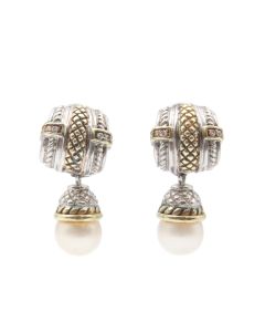 Judith Ripka Sterling Silver 18 Karat Yellow Gold Diamond and Pearl Earrings