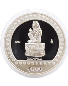 1992 Mexico 100 pesos Xochipilli proof silver coin