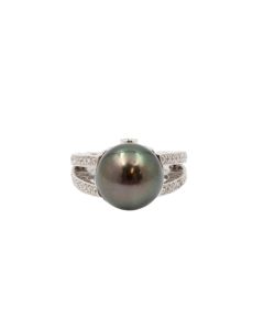11.9mm Tahitian Black Pearl 18K wg Ring 46x Diamonds 9.3 grams Size-6 