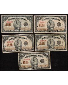 5x 1923 Canada 25 Cent banknotes Campbell Clark 5-different check letters all F+