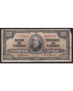 1937 Canada $100 banknote Gordon B/J2473320 F margin tears missing corner