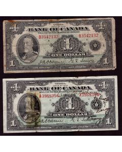 2x 1935 Canada $1 banknotes Osborne Towers BC-1 