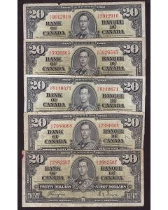 5x 1937 Canada $20 banknotes Coyne Towers 5-notes all circulated with damage