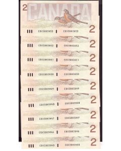 9X Canada 1986 $2 consec. replacement notes BC55cA-i EBX3883845-53 CH UNC+