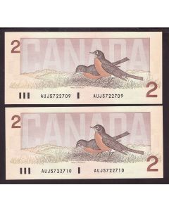 2X 1986 Canada $2 consecutive notes Crow Bouey AUJ5722709-10 CH UNC+