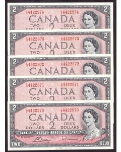 5x 1954 Canada $2 consecutive notes Bouey Rasminsky L/G4422970-74 CH UNC
