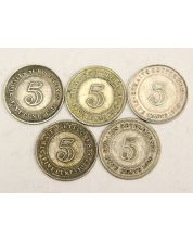 5x Straits Settlements 5 Cents silver coins 1910 2x1918 1919 1926