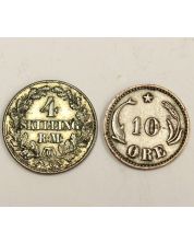1856 Denmark 4 Skilling and 1899 Denmark 10 Ore coin 