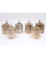 6x Vintage Russian Glass Cup Holders Podstakanik 875 Silver 748.75 grams