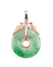 Burmese Jade Pi disk green/white vivid green mottling 14k gold pendant 