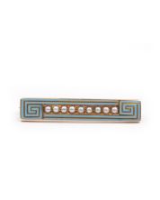 c1900 14K yg bar pin blue emamel with 9-very small seed pearls 