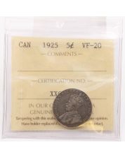 1925 Canada 5 Cent Coin ICCS VF-20