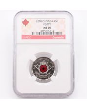2008 Canada 25 cent Poppy NGC MS66 Colorized 