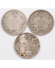 3X 1903 Canada 5 cents silver coins 3-coins G/VG