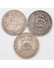 3X Great Britain 6 pence silver coins 1906 1914 1916 circulated